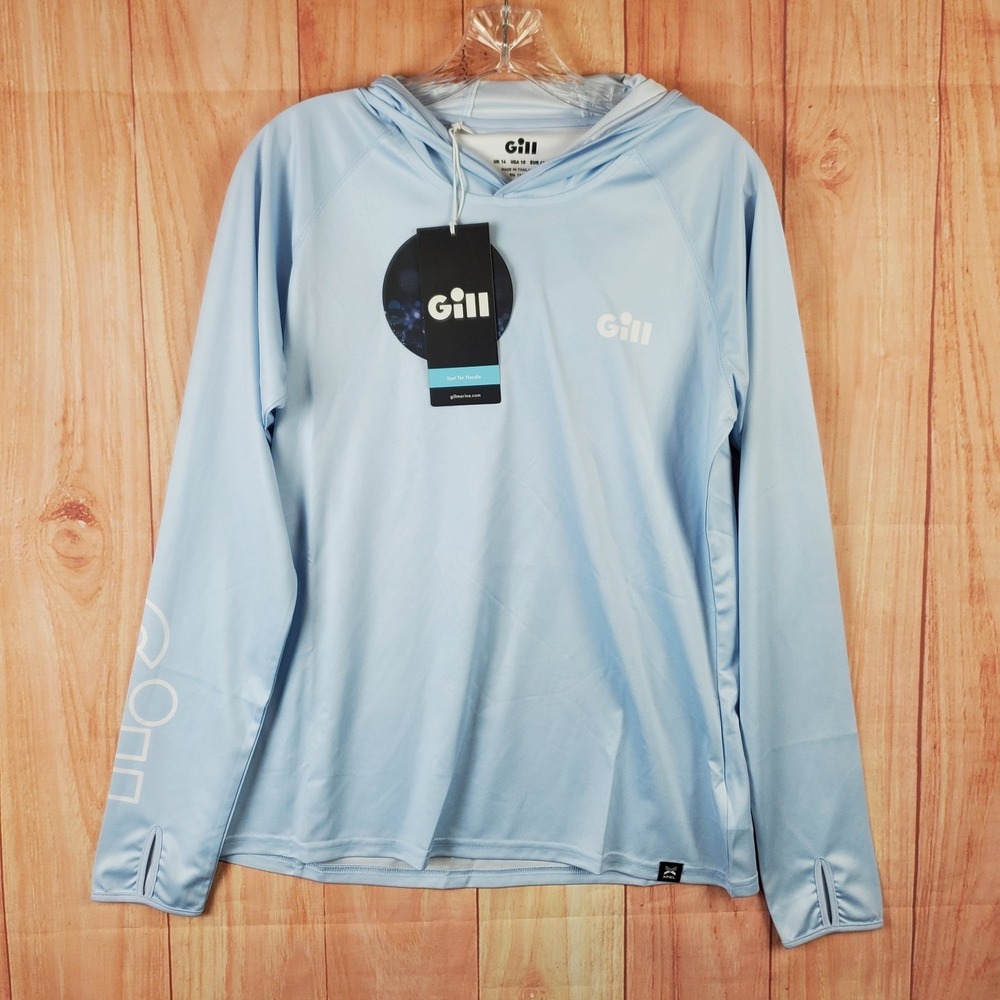 Gill Xpel Tec Fishing Hoodie Womens 10 Baby Blue Graphic Logo Thumbhole Sleeve